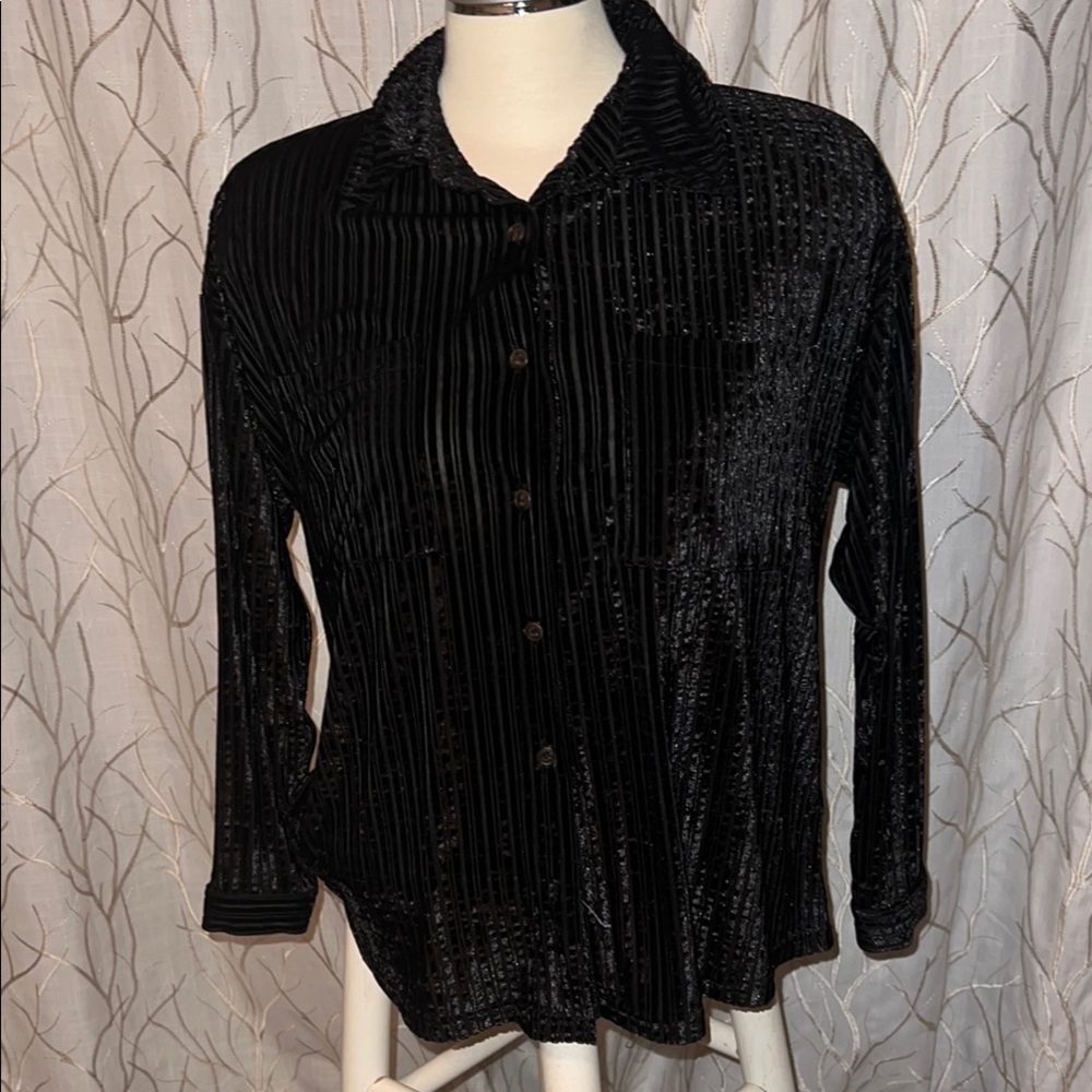 JODIFL Black Ribbed Long Sleeve Button Down Shirt